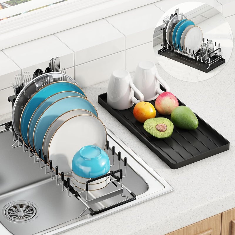ANTOPY Small Dish Drying Rack - Expandable 304 Stainless Steel Rustproof Dish Rack Over Sink with Silicone Drying Mat & Cutlery Holder, Compact Dish Drainer for Kitchen Counter, Inside Sink, Silver - Image 1
